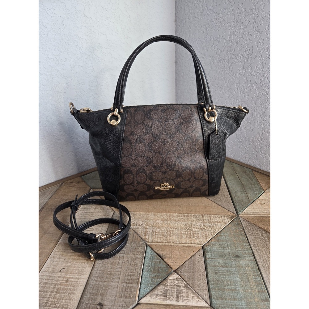 Coach KACEY Satchel SIGNATURE Canvas + Leather C6230 Brown/Black Crossbody - Picture 1 of 10